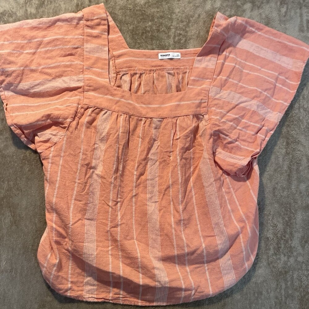 Sonoma Shirt Womens XXL 2X Peach Square Neck Capโ Short Sleeve Striped Textured